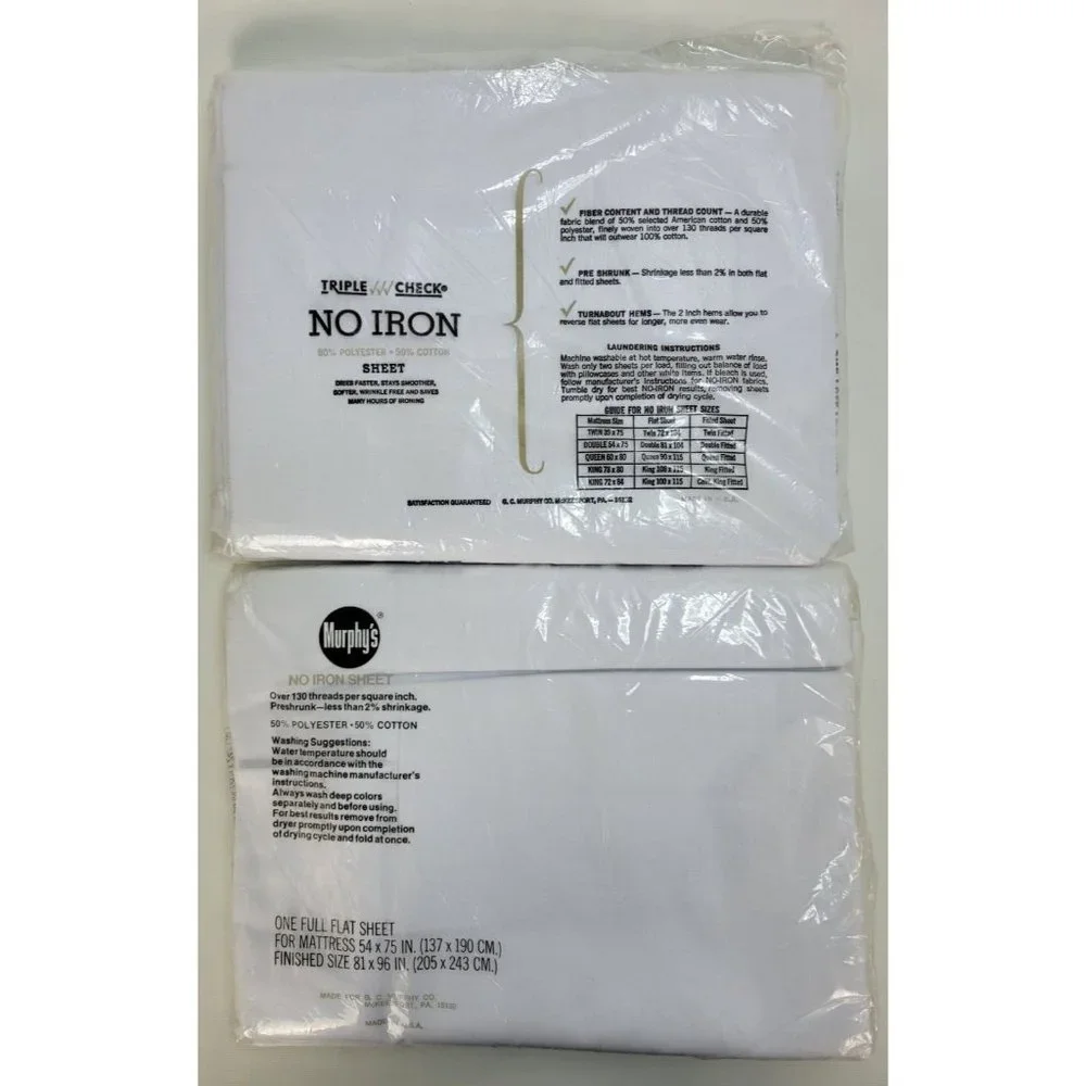 2‎ Vintage NIP Murphy's White Full Flat Sheets 50/50 Cotton Polyester